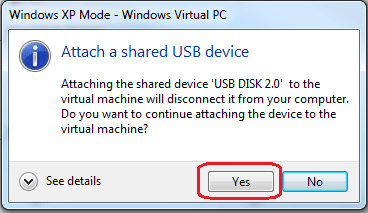 Windows XP Mode, Attach Shared USB Device